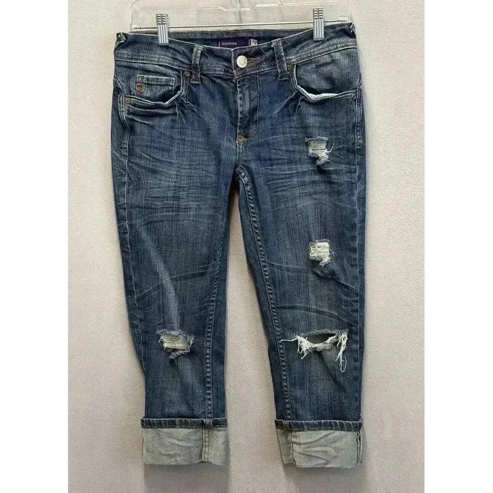 Vigoss Jeans Women's Sz 3 Stretch Cropped Distressed Cuff Capri‎ Denim